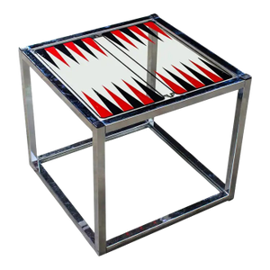 Mid-20th Century Mid Century Modern Game End or Side Table Chrome Cube Frame & Backgammon Glass Top
