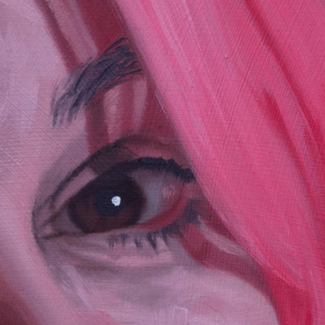 Early 21st Century Gone Fey by Shaina Craft | Oil on wood panel Portrait of a person with pink hair and an expressive gaze. For Sale - Image 5 of 5