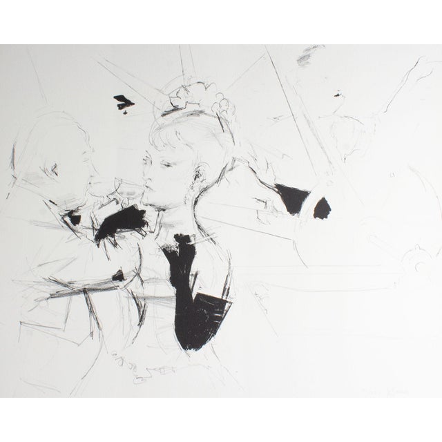 A 1967 lithograph by the American artist Jack Levine (1915-2010). Titled "Vernissage," this print features an abstracted...