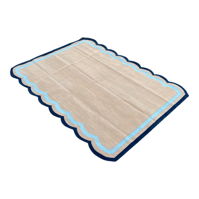Handmade Cotton Vegetable Dyed Scalloped Rug Muddy Beige, Sky and Navy Blue Border - 9'x12' For Sale