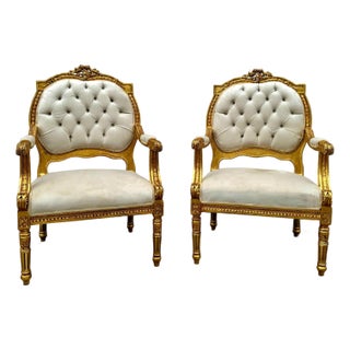 French Style Velvet Chairs With Gold Leaf Details- Set of 2 For Sale