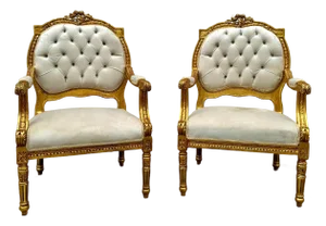 French Style Velvet Chairs With Gold Leaf Details- Set of 2