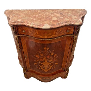 1960s French Credenza, Bombe Style Locking Console Cabinet, Sideboard, Marquetry For Sale