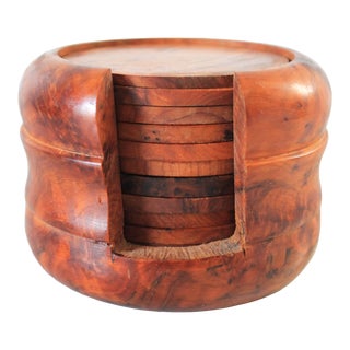 Mid-Century Burlwood Coasters W/ Caddy For Sale