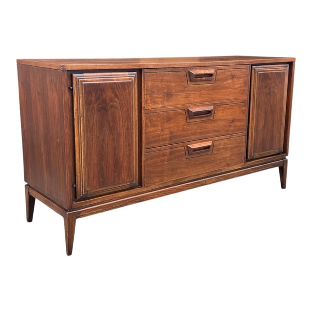 Mid-Century Modern 1960s Mid-Century Modern Walnut Credenza Sculpted Pulls 3 Drawers Cabinet Storage For Sale - Image 3 of 12