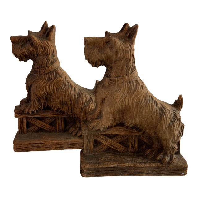 Mid-Century Scotty Dog Syrocco Wood Bookends- Set of 2 For Sale