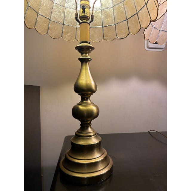 Brass Vintage Brass Capiz Shell Lamp Set For Sale - Image 8 of 12