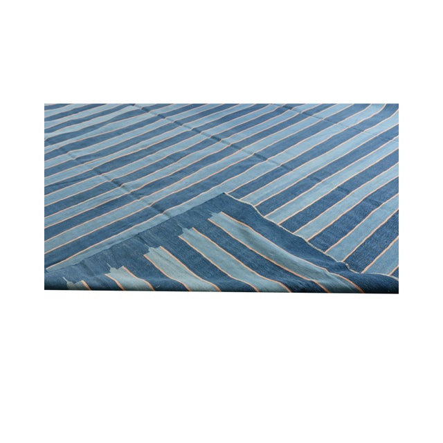 1950s Vintage Dhurrie Flat Weave in Blue & Red Stripes by Rug & Kilim For Sale In New York - Image 6 of 6