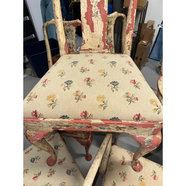Early 20th Century Set of 8 Painted Chippy Dining Chairs with Needlepoint Floral Seats For Sale - Image 17 of 18