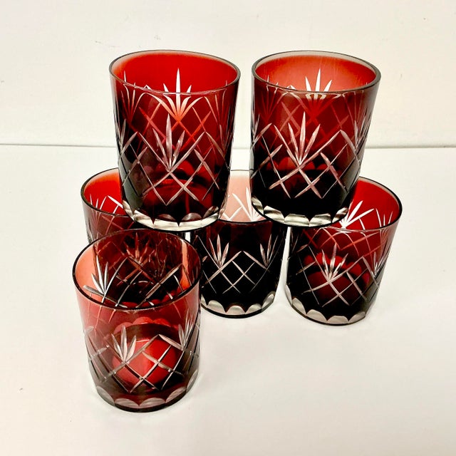 Ruby Red Mid 20th Century Boho Chic Czechoslovakian Clear Cut to Ruby Etched Crystal Lowballs - Set of 6 For Sale - Image 8 of 10