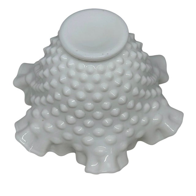 Glass Ruffled Rim Hobnail White Milk Glass Bowl Vase — Vintage 6.5" Wide For Sale - Image 7 of 12