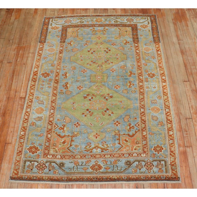 Early 20th Century Zabihi Collection Persian Apple Green Sky Blue Accent Size Rug - 4'9" x 7' For Sale - Image 9 of 9