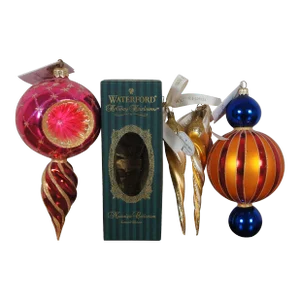 Vintage Christopher Radko Circus Stripes Star Reflection and Waterford Gold Icicle Ornaments - Set of 4