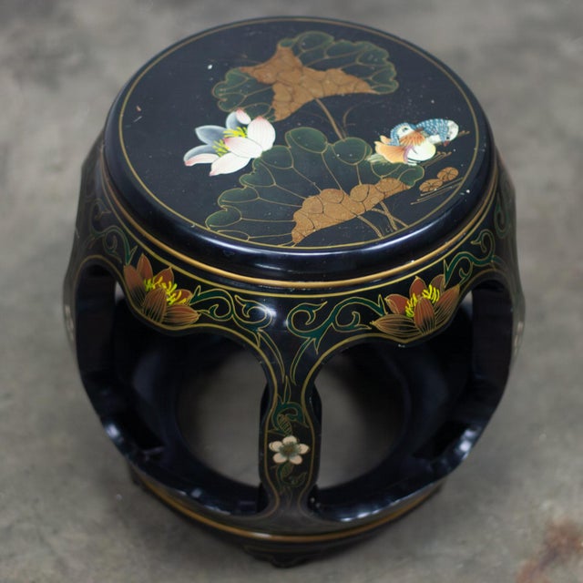 Late 20th Century Late 20th Century Chinoiserie Chinese Garden Stool or Small Side Table Black Lacquer W/Asian Details For Sale - Image 5 of 15
