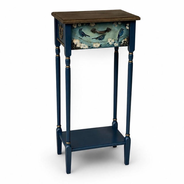 Hand-Painted Blue Birds Console Table – Solid Wood Entryway Accent Furniture For Sale - Image 10 of 12