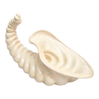 Vintage Atlantic Mold Iridescent Ceramic Cornucopia Vase | Pearlescent Shell Horn of Plenty | Mid-Century 1970s Decor For Sale