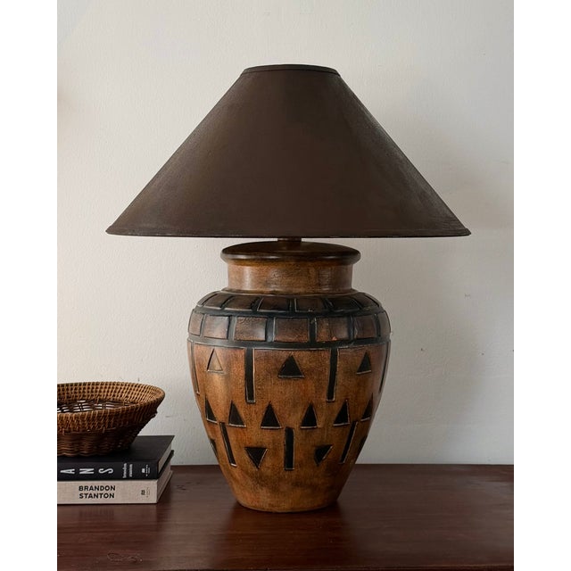 Late 20th-Century Geometric Relief Earthenware Table Lamp For Sale - Image 10 of 11