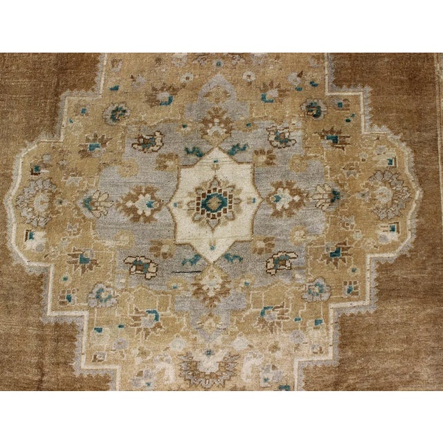 Mid 20th Century Mid 20th Century Vintage Oushak Turkish Rug in Light Golden Brown Tan and Teal-Green Accents For Sale - Image 5 of 9