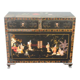 1940's Asian Chinoiserie Black Lacuered With Stone Detail Credenza/ Sideboard/ Buffet For Sale