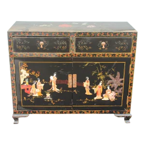 1940's Asian Chinoiserie Black Lacuered With Stone Detail Credenza/ Sideboard/ Buffet