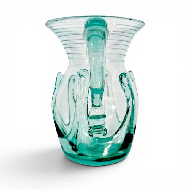 1976 Liberty Village Glasshouse Aquamarine Lily Pad Blown Glass Pitcher 6.75" For Sale - Image 4 of 11