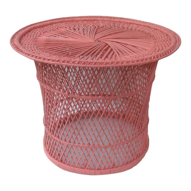 Round Side Table Boho Wicker Rattan Coral Pink Chairish