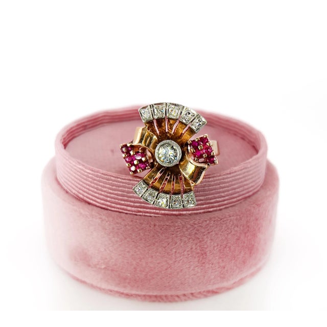 1940s Retro 14k Rose Gold Diamond and Ruby Ring, Size 8.25 For Sale In Los Angeles - Image 6 of 8