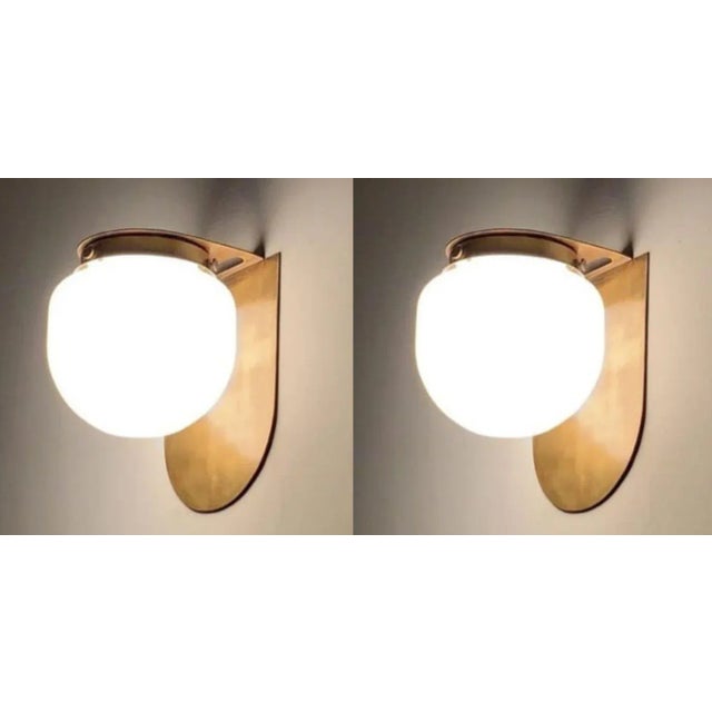 Art Deco Pair Vintage Art Deco Wall Sconces in Brass & Milk Glass Shade Lamp Ship Light For Sale - Image 3 of 3