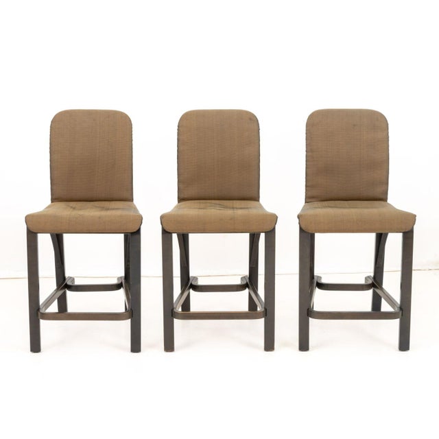 Set of Six Contemporary Painted Wood Counter Stools, each with brown iridescent upholstery and tapered seat on four...