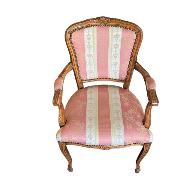 Wood Vintage Italian Louis XV Style Carved Walnut Fauteuil Armchairs in Dusty Rose Brocade - Pair For Sale - Image 7 of 12