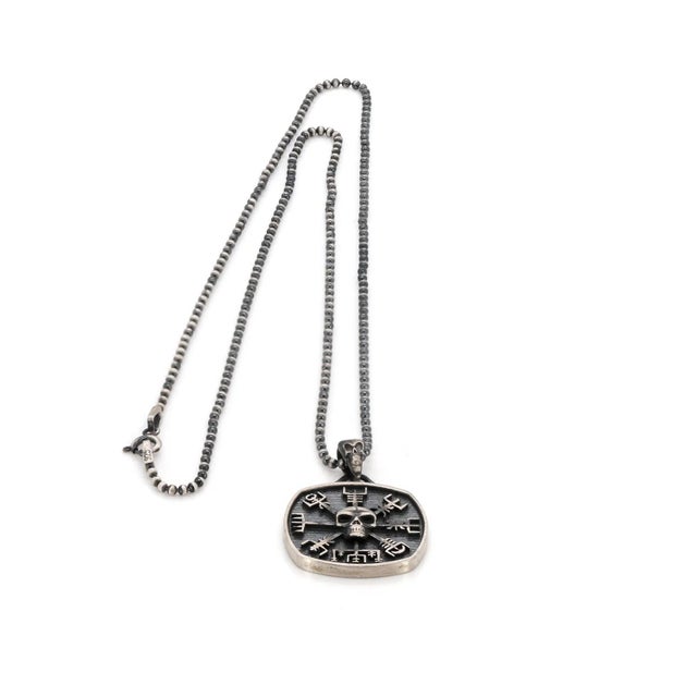 Metal Norse Viking Vegvisir Protection Symbols & Skull Pendant Sterling Silver Necklace For Sale - Image 7 of 12