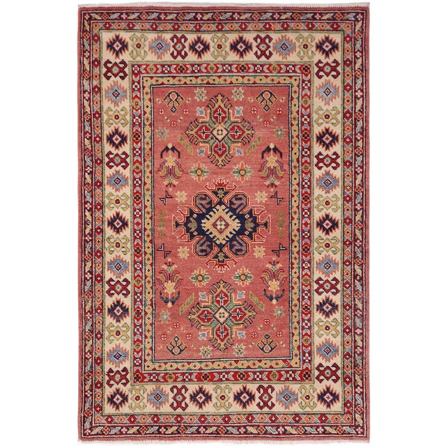 Cerise Bohemian Kazak Pink/Beige Wool Rug - 3'4''x4'10'' For Sale - Image 8 of 10
