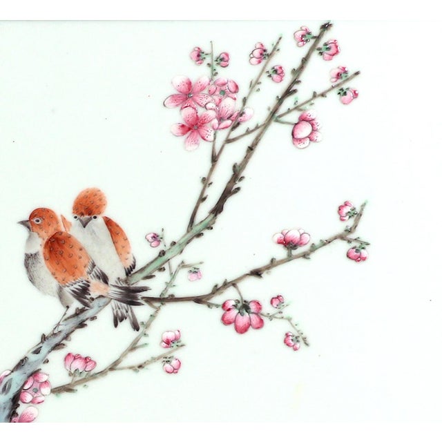 Ceramic Chinese Porcelain Framed Famille Rose Plaque of Birds With Prunus and Cherry Trees For Sale - Image 7 of 8
