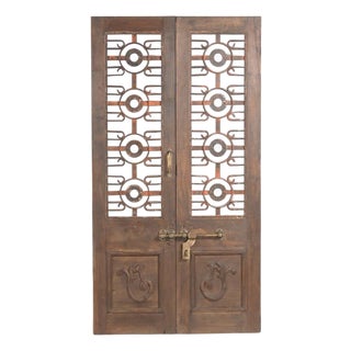 Vintage Indian Carved Teakwood and Iron Door For Sale