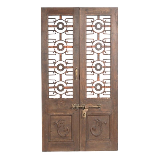 Vintage Indian Carved Teakwood and Iron Door For Sale