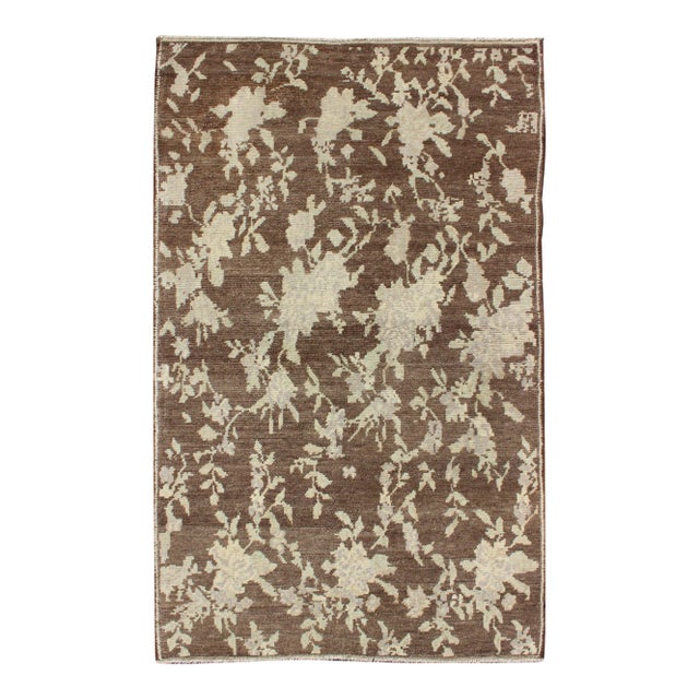 Mocha Vintage Turkish Oushak Rug With Free-Flowing Green & Cream Flower Blossoms For Sale