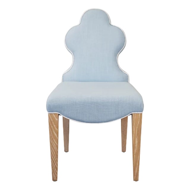 Matthew Izzo Home Light Blue Performance Linen and Cerused Oak Clover Back Dining Chair For Sale