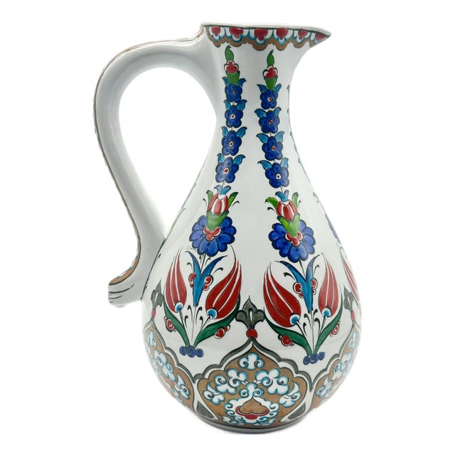 Handmade Ceramic “Ibrik” Pitcher Vase (25cm) – Red Tulip & Blue Hyacinth Pattern – Traditional Turkish Ewer For Sale
