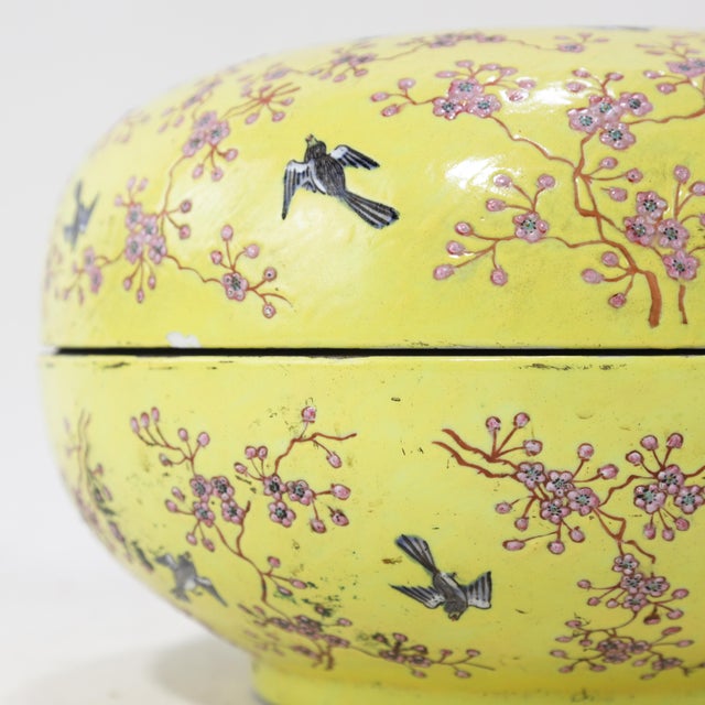 Ceramic Vintage Chinese Yellow-Ground Famille Rose 'Prunus and Magpie' Porcelain Covered Box For Sale - Image 7 of 13