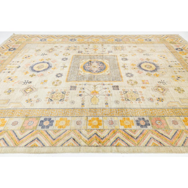 Modern Khotan Style Hand-Knotted Wool Rug Neutral & Ochre Transitional 10x14 For Sale - Image 9 of 12
