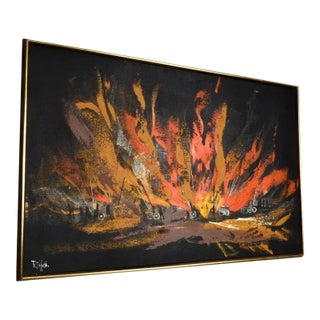 1960s Rutten Mid-Century Modern Black Orange Yellow Abstract Expressionist Horizontal Painting For Sale