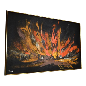 1960s Rutten Mid-Century Modern Black Orange Yellow Abstract Expressionist Horizontal Painting