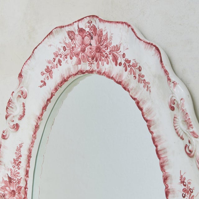 Hollywood Regency Vintage Italian Floral Ceramic Oval Wall Mirror by Bassano For Sale - Image 3 of 5