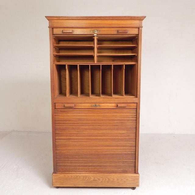 Wood Oak Roller Shutter Cabinet with Shutters One Above the Other, 1930s For Sale - Image 7 of 18