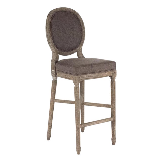 Medallion Bar Stool - Eggplant Brown Linen / Limed Grey Oak Frame For Sale