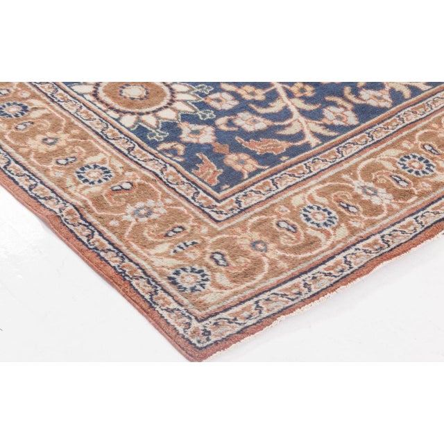 19th Century Botanic Persian Meshad Caramel and Navy Blue Handwoven Wool Rug For Sale - Image 4 of 5