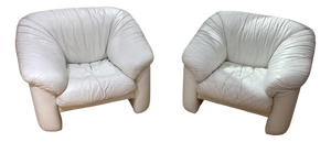 White Leather Armchairs, 1970s, Set of 2