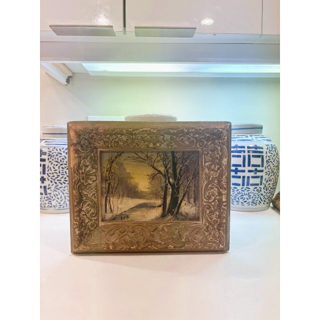 Vintage Mini Oil Wood Landscape Paintings in Distressed Ornate Wood Frames – Set of Three For Sale - Image 11 of 16