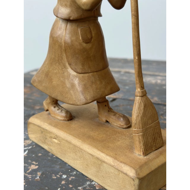 Vintage Dynamic Hand-Carved Blonde Wood Figure With Broom Attributed to Junior Cobb, Circa 1970s For Sale - Image 13 of 18