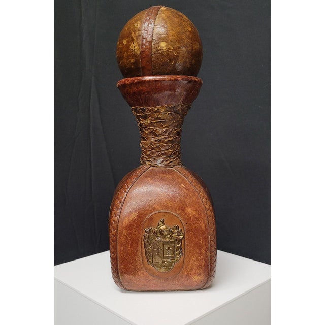 Italian 1970s Italian Leather Wrapped Decanter Brass Knight Crest, Bar Cart Dark Academic For Sale - Image 3 of 16
